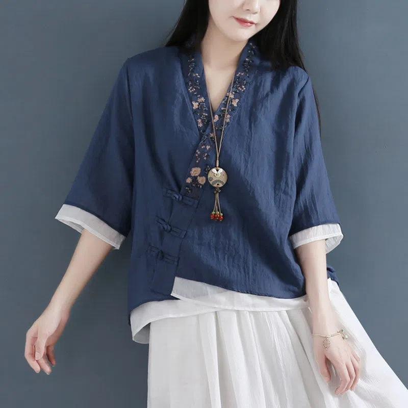 diagonal placket three-disc buckle medium-sleeved pure cotton fake two-piece shirt blouse women's new retro tea clothes cotton and linen cardigan