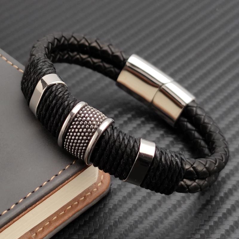 Fashion 2layer Leather Bracelets with Stainless Steel Magnet Trendy Multilayer Bracelet Homme Jewelry Male Bangle Wholesale Bulk
