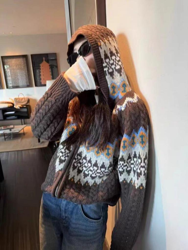 Women's European Style Jacquard Hooded Cashmere Wool Cardigan - Chunky Knit Autumn Sweater Coat (2025)