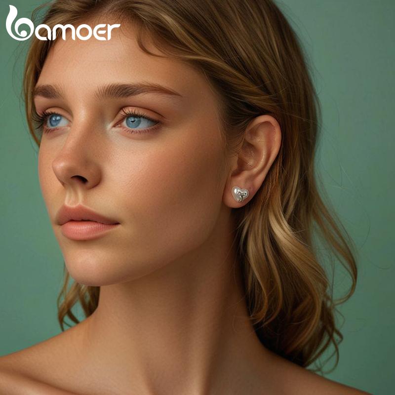 BAMOER 925 Sterling Silver Bow Heart Shaped Shell Pearl Stud Earrings, Minimalist Cute Studs for Women Fashion Jewelry Gift