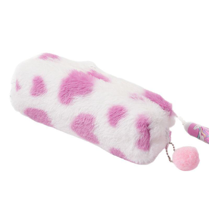 Leopard Heart Plush Pencil & Makeup Bag for Students