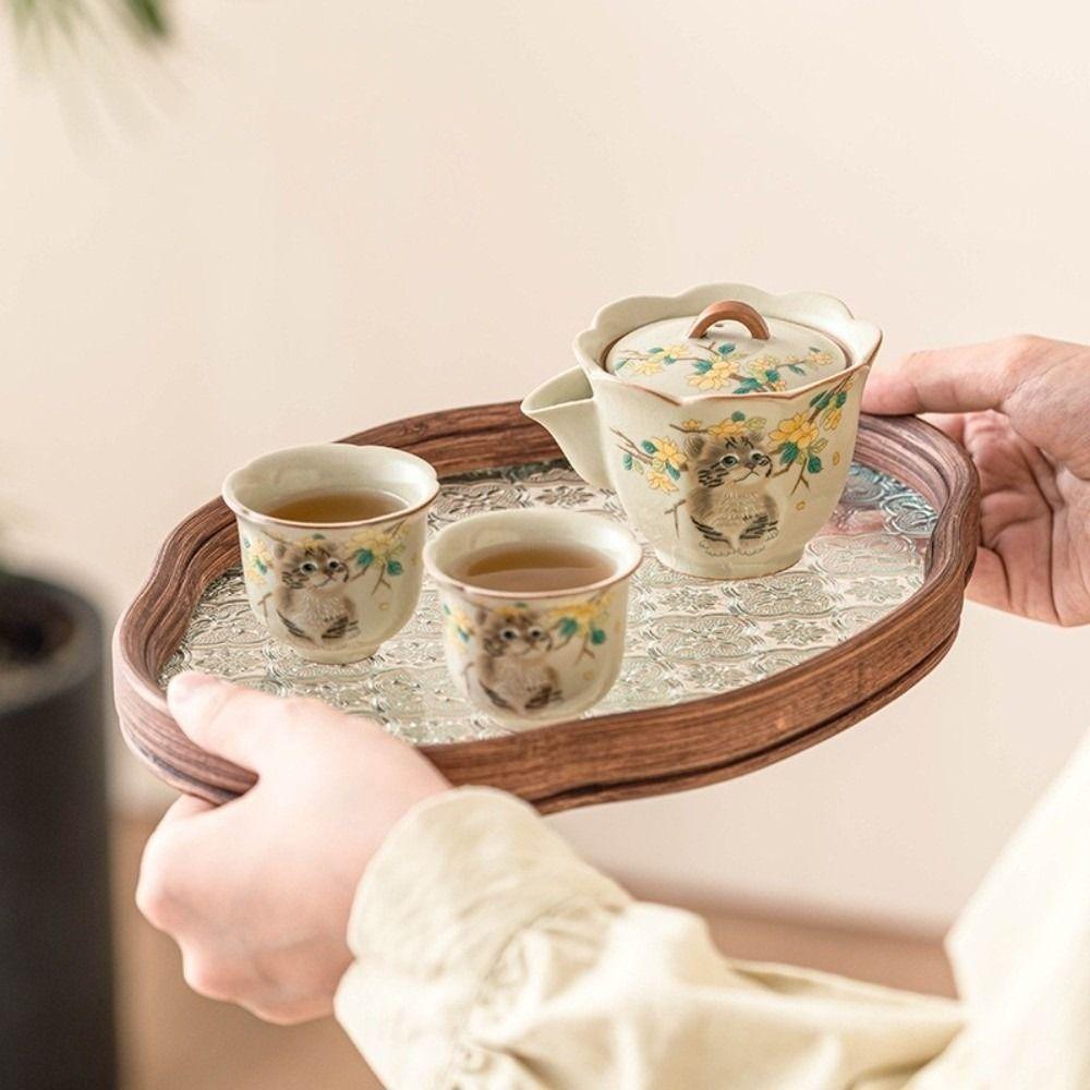 Ceramic Ru Kiln Gaiwan Chinese Style Hand Grasping Tea Maker Cute Cat Tea Tureen  Tea Ceremony