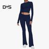 2 Pcs/Set Women Top Pants Suit Skinny High Waist O Neck Long Sleeves Pure Color Stretchy Soft Breathable Yoga Bell Bottoms T-shirt Set Spring Summer