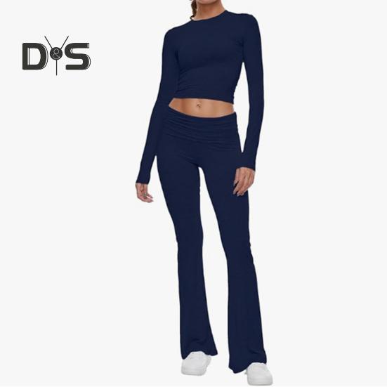 2 Pcs/Set Women Top Pants Suit Skinny High Waist O Neck Long Sleeves Pure Color Stretchy Soft Breathable Yoga Bell Bottoms T-shirt Set Spring Summer