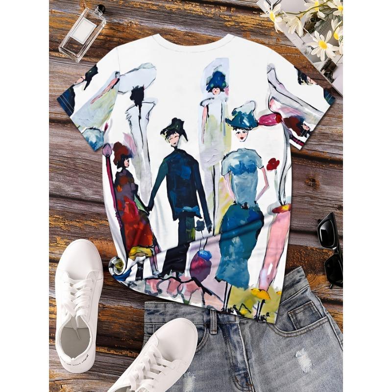 Summer V-neck 3D Art Facial Pattern Printed Top Fashionable Casual Short Sleeved Women's T-shirts