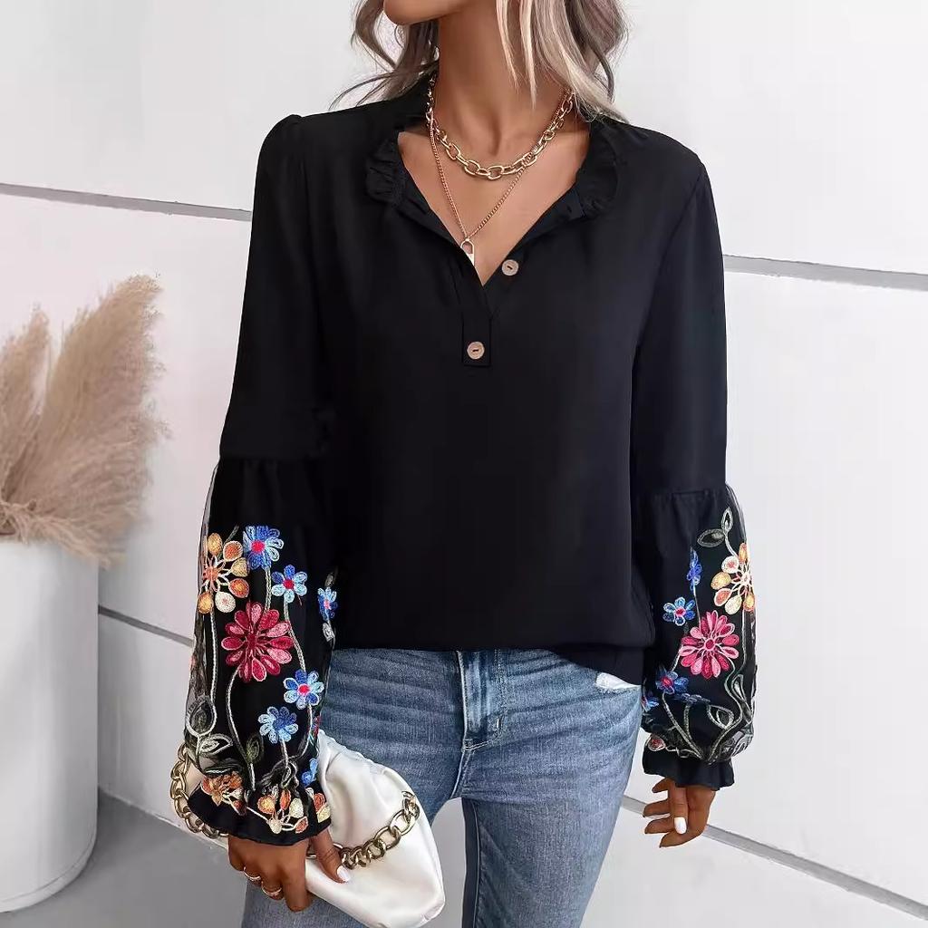 Ladies Autumn Winter Ruffles Mesh Embroidery Long Sleeve Pullover  Shirt Top