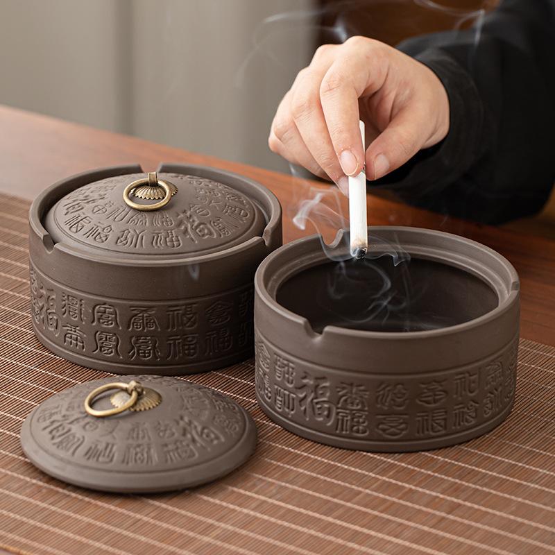 Purple Clay Ashtray with Lid Windproof Chinese Fu Pattern Large Capacity Minimalist Home Office Desk Decor