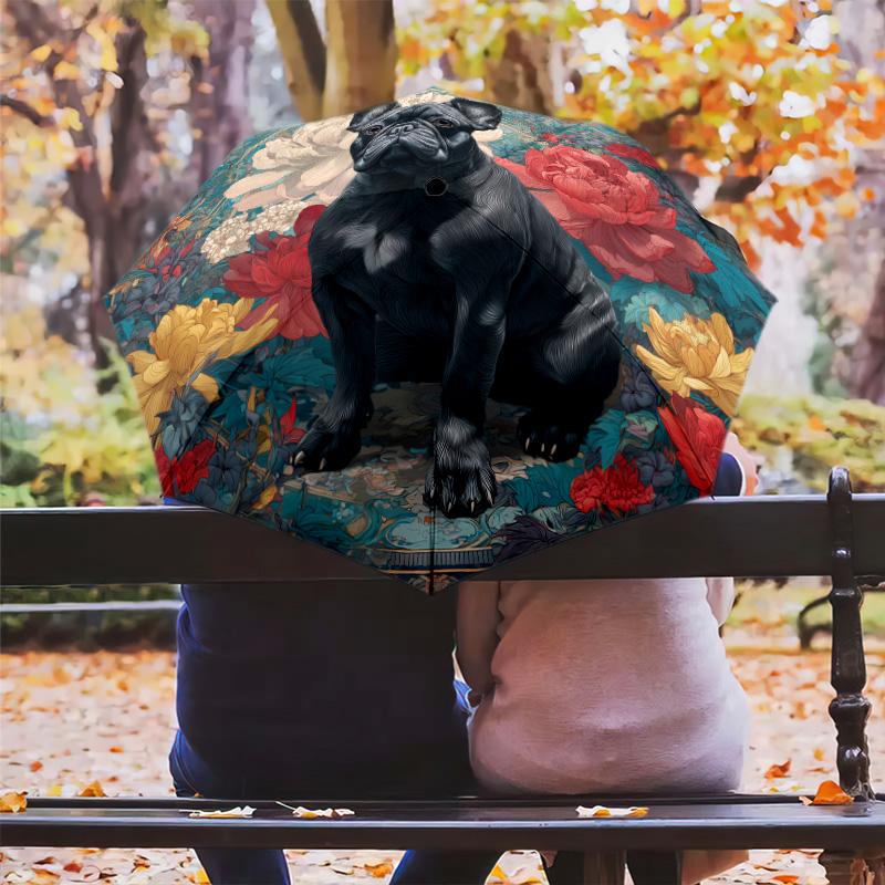 0106 Floral Black Dog  pattern, automatic folding umbrella, portable and foldable design, 8 ribs, a Christmas or birthday gift.