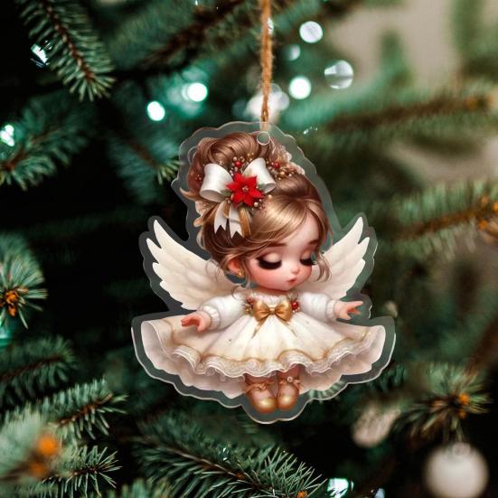 1/6Pcs Christmas Santa Hat Girl Hanging Decoration Holiday Party Winter Xmas Tree 2D Flat Acrylic Cartoon Angel Fairy Hanging Ornament