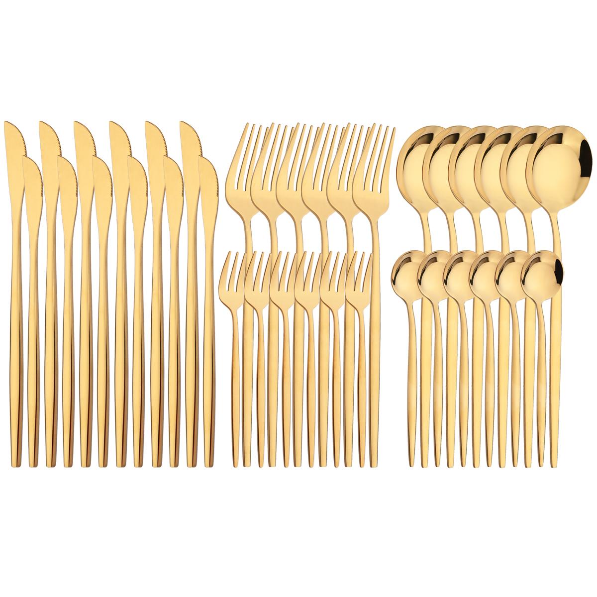 

36 шт., набор столовых приборов из черного золота, десертный нож, вилка для торта, чайная ложка, столовые приборы, столовое серебро из нержавеющей стали, кухонная посуда золотой