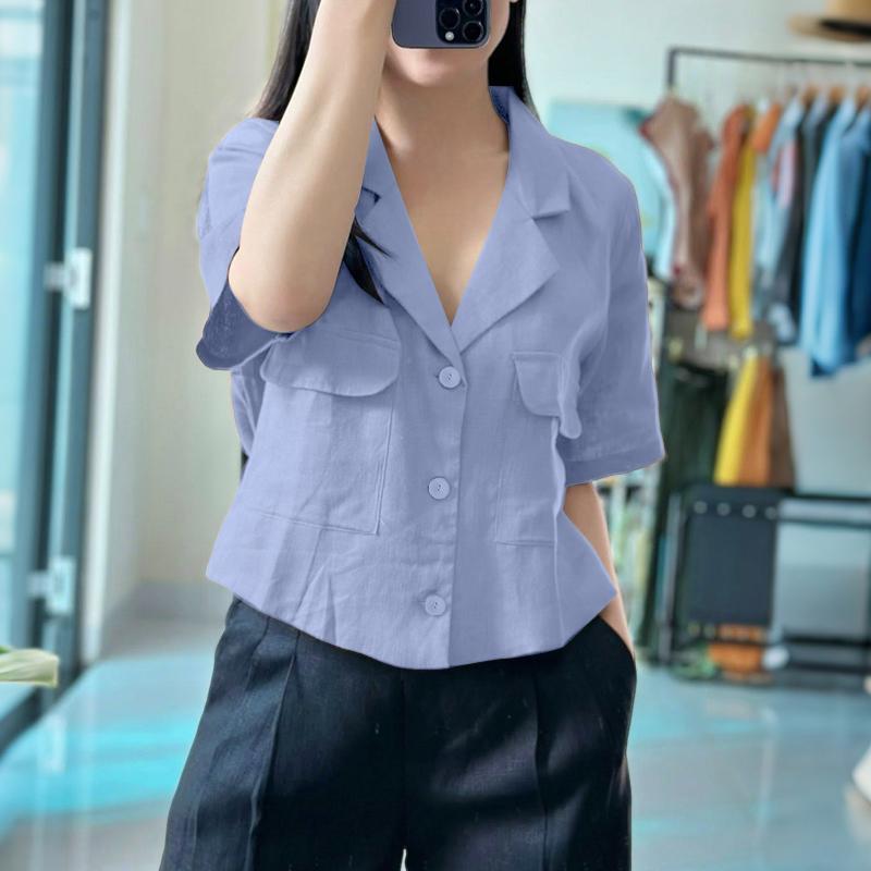 

ZANZEA Женская летняя повседневная блузка с отложным воротником и коротким рукавом 5XL синий