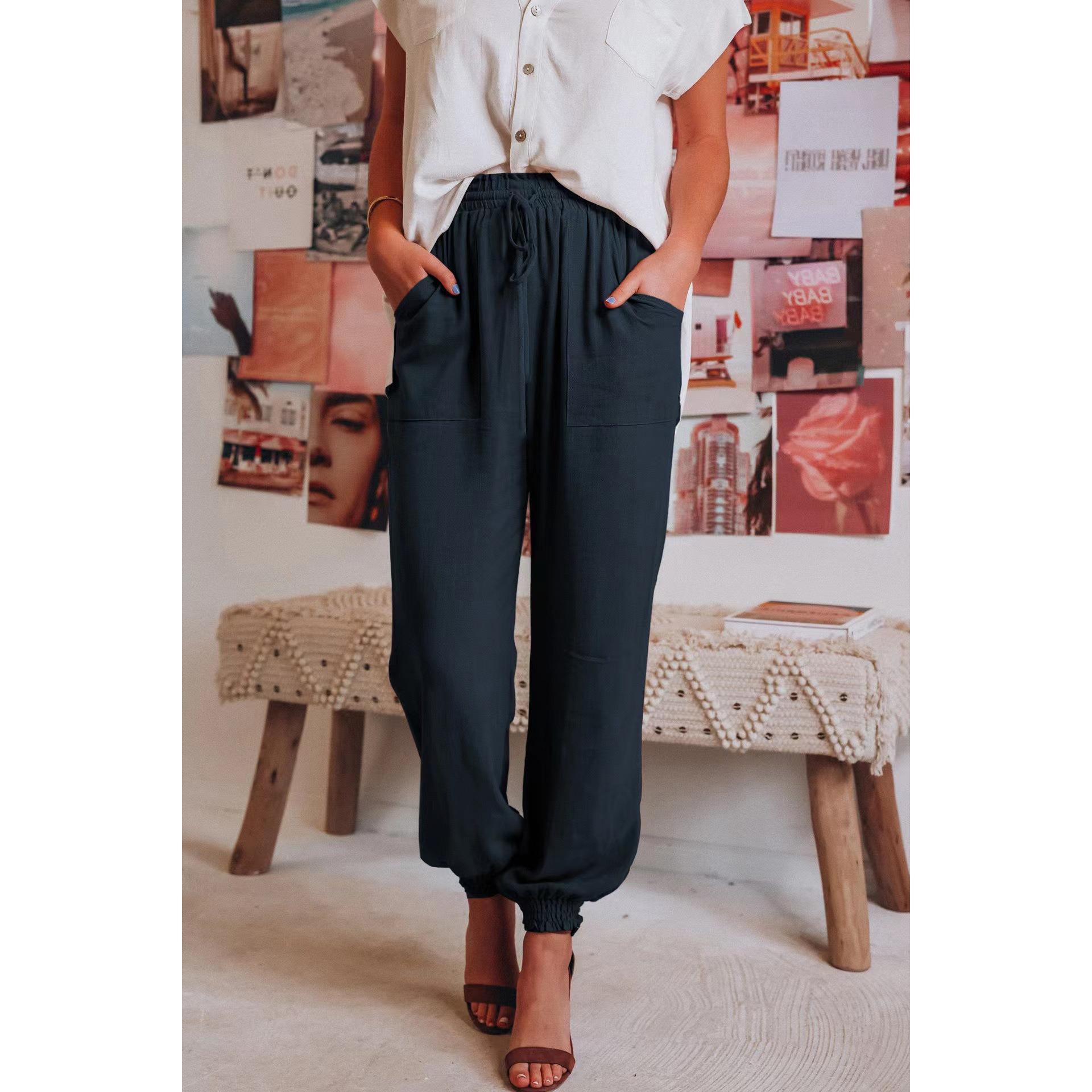 

IHUASU Spring Summer Women s Solid Color Rayon Comfortable Casual Pants Fashion Drawstring Elastic Waist Haren Pants XXL темно-синий