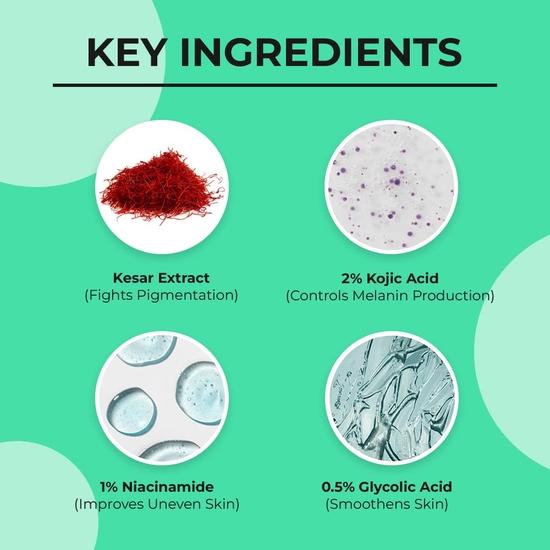 DR. Sheth's Kesar & 2 % Kojisäure – Tägliche Gesichtscreme zur Pigmentkorrektur | Leicht & nicht fettend | Mit 1 % Niacinamid & 0,5 % Glykolsäure | Unisex | 30 g