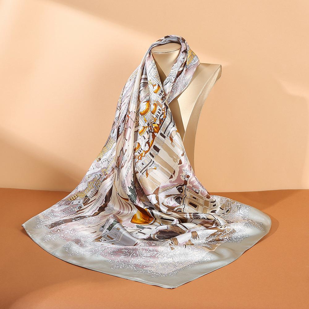Mulberry silk scarf silk Moscow snow scene 90 retro square scarf women s sun protection scarf belt summer sun protection 90*90