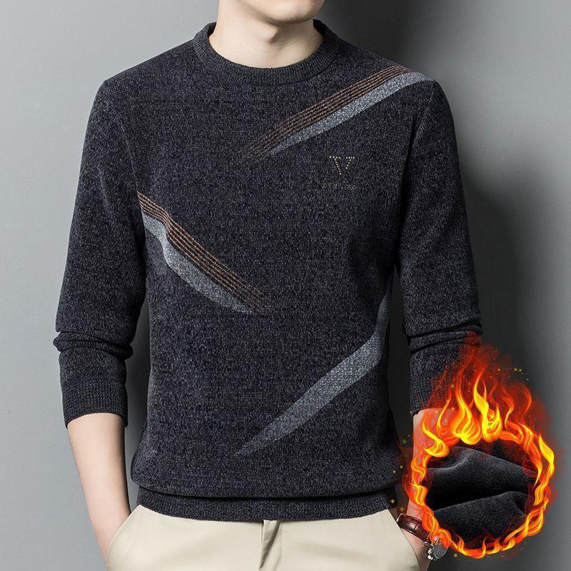 Winter Men's Crewneck Long Sleeve Sweater New Men's Chenille Plus Fleece Knit Sweater Men's Casual Men's Undercoat