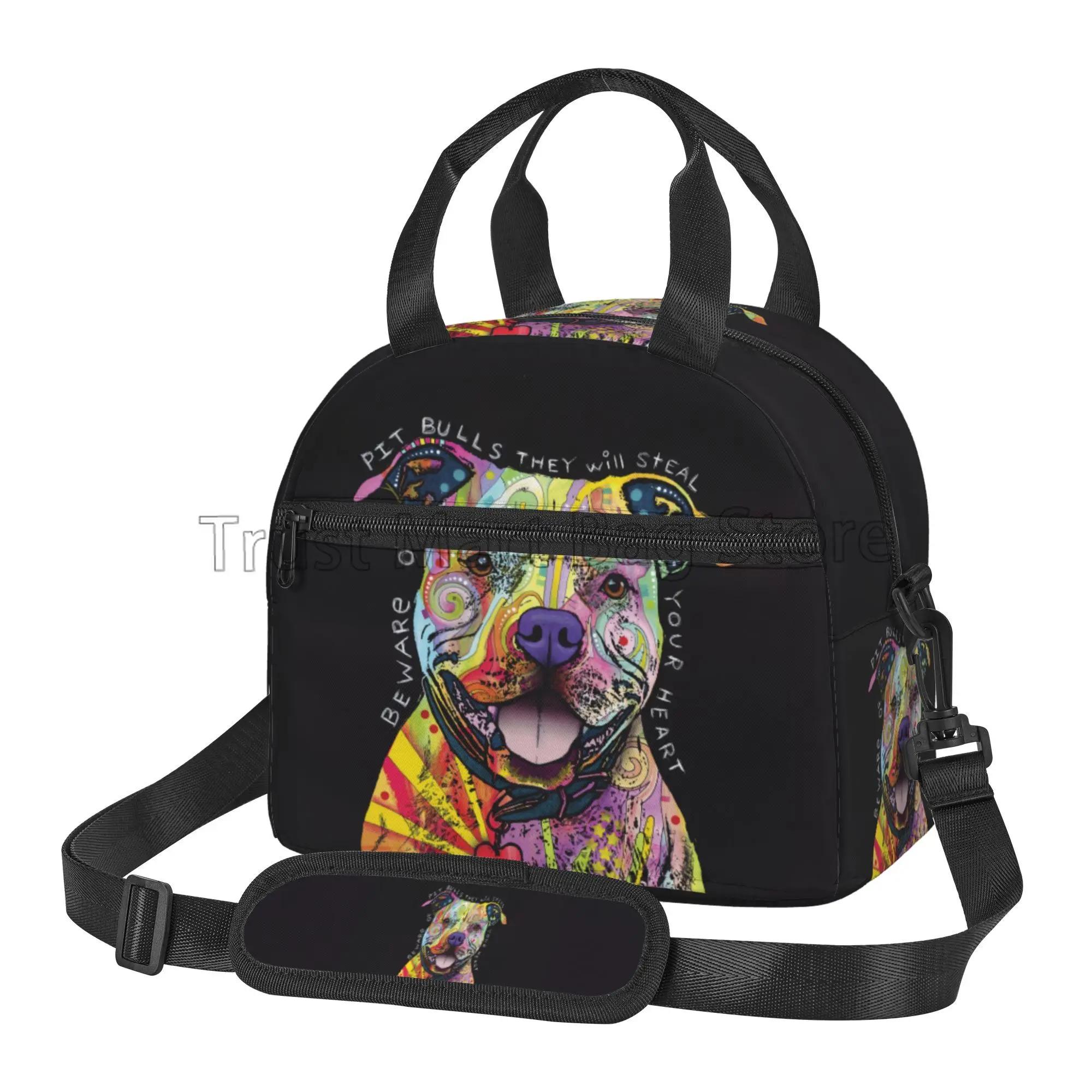 

Colorful Pit Bull Reusable Insulated Lunch Bag Thermal Bento Tote with Adjustable Strap for Work School Picnic Beach Travel чёрный