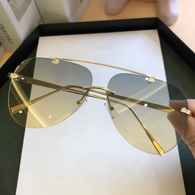 Vintage Rimless Alloy Aviation Pilot Sunglasses for Men Women Gradient Lens Metal Oval Shades Black Brown