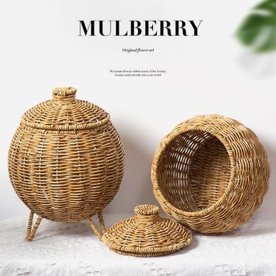 Woven Storage Basket with Lid for Desk Stationery Plastic Flower Basket Sundries Organizer for Offices and Home Use