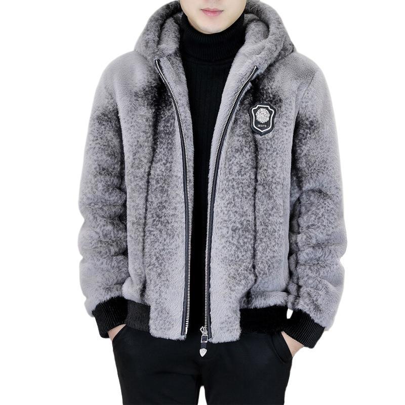 Middle-Aged Men's Gold Sable Velvet Hooded Leather Jacket - Thick Winter Coat