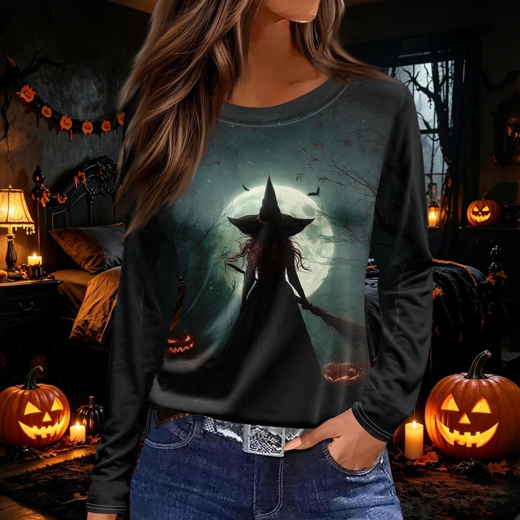 Women's Round Neck Long Sleeve Top with Halloween Print and Side Slit for Fall Festive Occasions