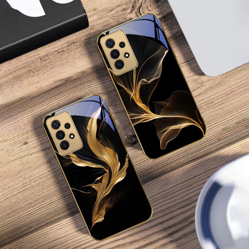 Floating Golden Ribbon For Samsung A 01 52S A04 A05S A10 A12 13 22 23 24 36 42 M02 Note 10 20Ultra 8 9 Golden Glass Phone Case