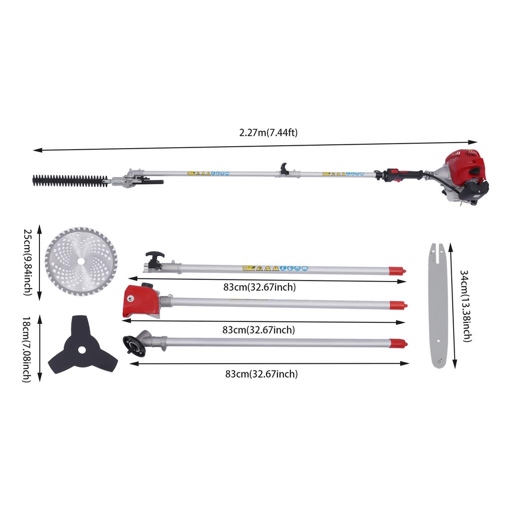Ferramenta Multifuncional a Gás 4 em 1 de 1,4KW, Roçadora de 2 Tempos, Podadora de Sebes, Motosserra com Haste de Extensão para Jardim