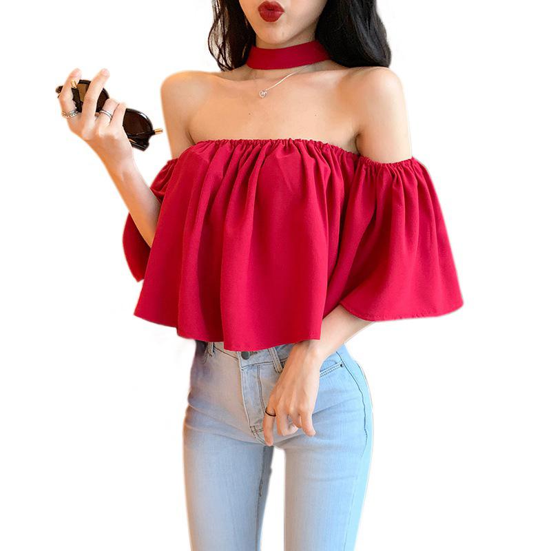 

Женский топ с открытыми плечами, летняя женская однотонная повседневная свободная футболка с короткими рукавами без бретелек One Size
