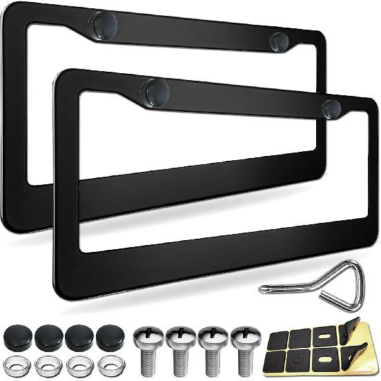 License Plate Frames - 2 Packs Stainless Steel Universal Car Tag Frame for Front and Rear Number Holder with Screws & Chrome Caps