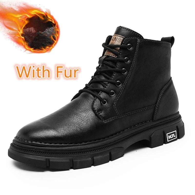 Soft Men's Genuine Leather High Top Shoes Classic Motorcycle Boots Leisure Walk Travel Mid-Calf Ankle Boots Warm Plush Fur Shoes