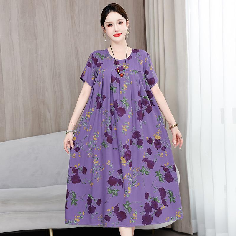 2 Neues hochwertiges florales Baumwoll-Seiden-Kleid für Damen-Sommer-Temperament, Bauchbedeckung für Mütter, große Größe künstliche Baumwolle langer Rock