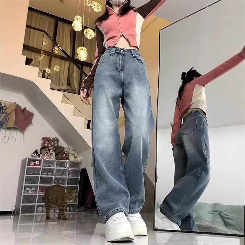 Women's High-Waisted Fleece-Lined Jeans - Winter 2024, Loose Slimming Fit, Plus Size, Straight Wide Leg.