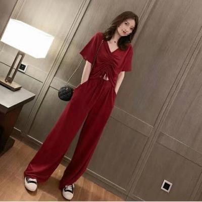 Sports Suit Women's Summer V-neck Short-sleeved Wide-leg Pants Two-piece Set Korean Style Loose Women's Casual Wear Fashion