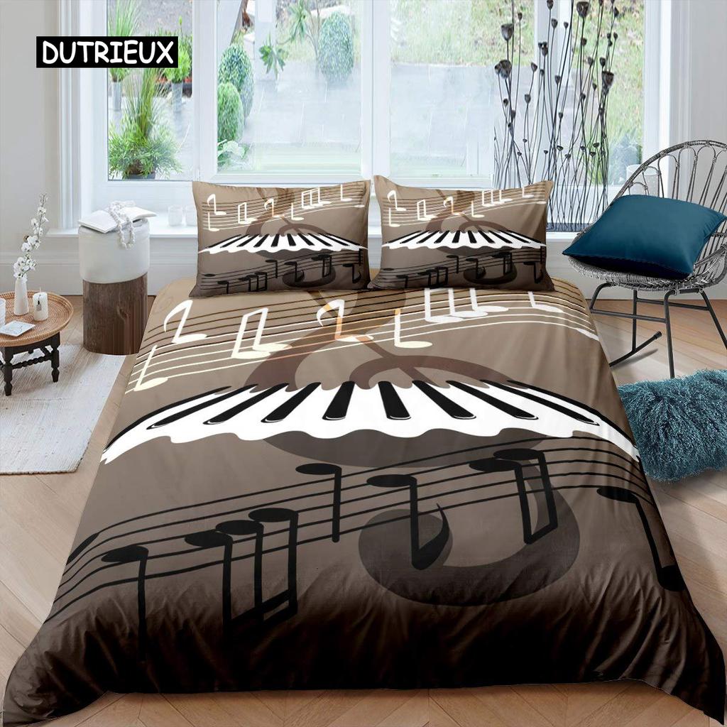 Piano Pattern Duvet Cover Microfiber Classic Music Themed 2/3Pcs Bedding Set Musical Pattern Geometric Stripe King Quilt Cover