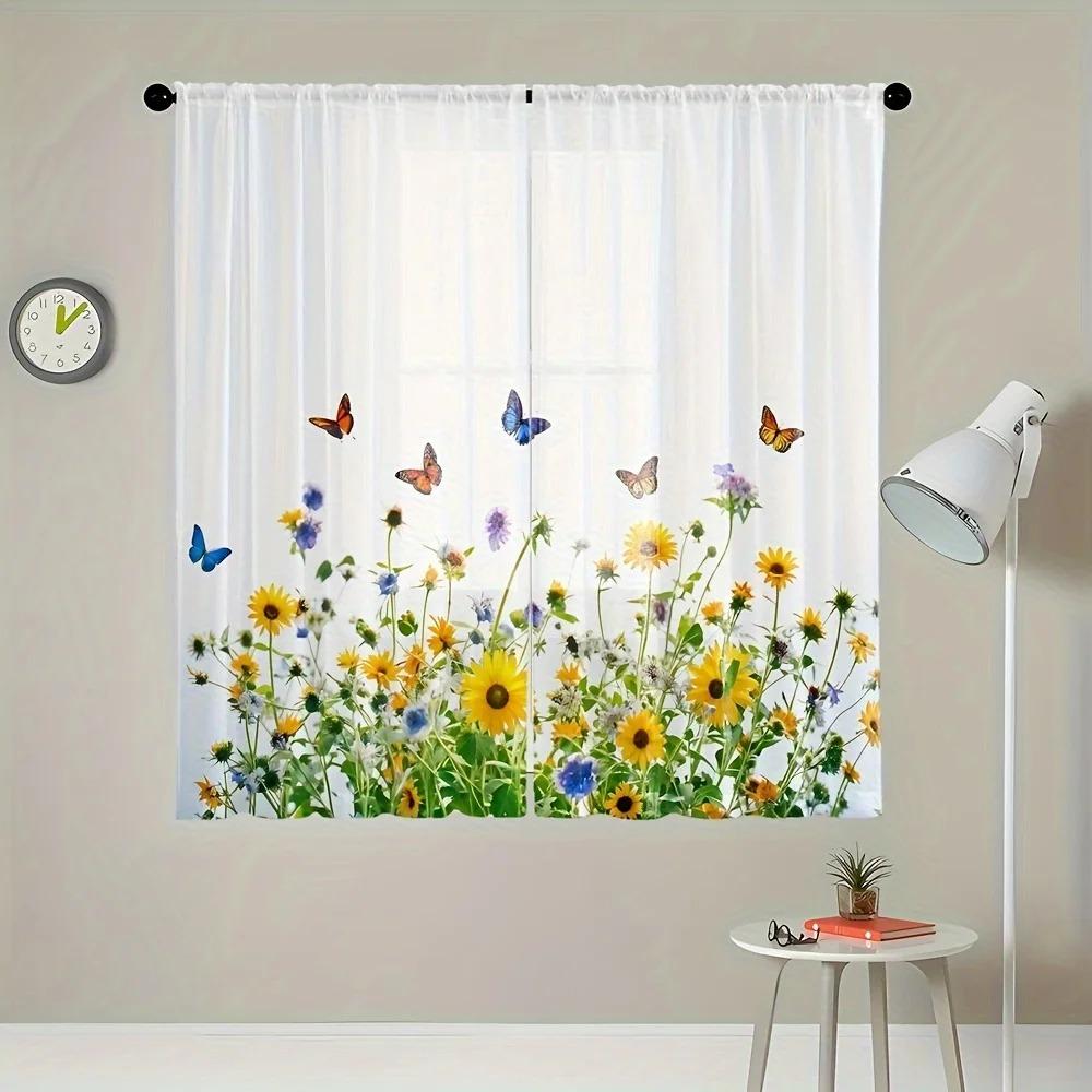 2pcs Sunflower Pattern Semi-sheer Curtains Decorative Window Drapes Window Treatments For Bedroom Living Room Home Decoration
