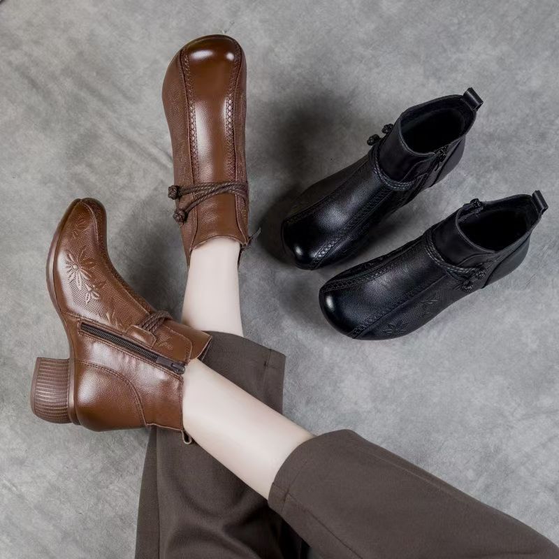 Retro Ethnic Style Short Boots Women's Autumn and Winter Single Boots Soft Leather Soft Sole Mother Cotton Shoes Velvet Leather Shoes Thick Heel 