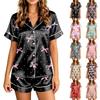 Women’s Bow Print Short Sleeve Button Down Top with Chest Pocket and Shorts Two Piece Pajama Set Satin Loungewear Sleepwear
