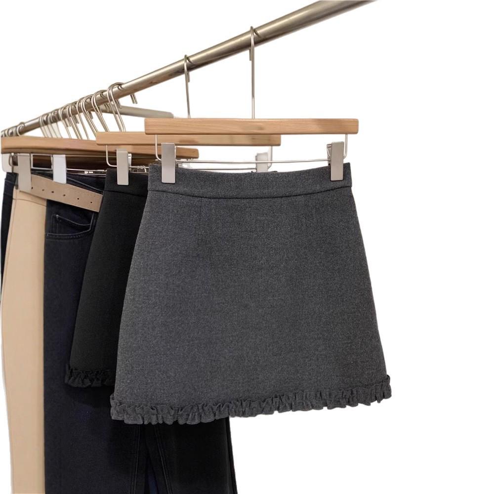 Woolen High-Waist A-Line Skirt for Women - Spring/Autumn Lace Patchwork Short Skirt