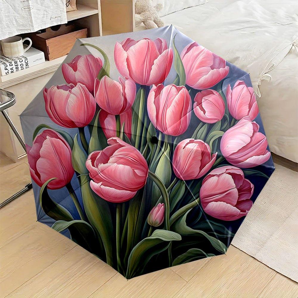 Automatic Folding Umbrella with Pink Tulips & Green Stems - Portable Collapsible Design, 8-Rib Durable Frame, Stylish Outdoor