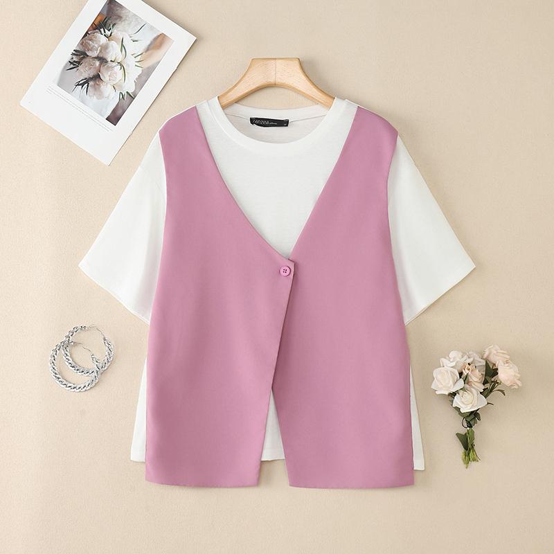 

ZANZEA Женская летняя футболка с круглым вырезом, коротким рукавом, повседневная, в стиле пэчворк 5XL камео розовый