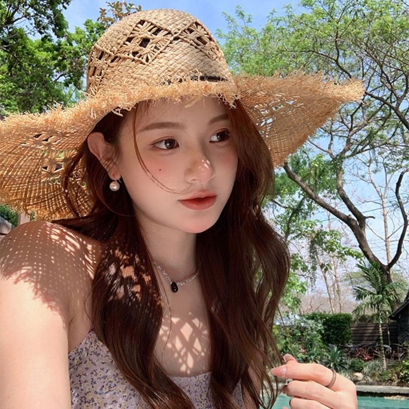 Elegant Raffia Sun Hat With Wide Brimmed And Breathable Openwork Design For Beach Vacation And Outdoor Activities