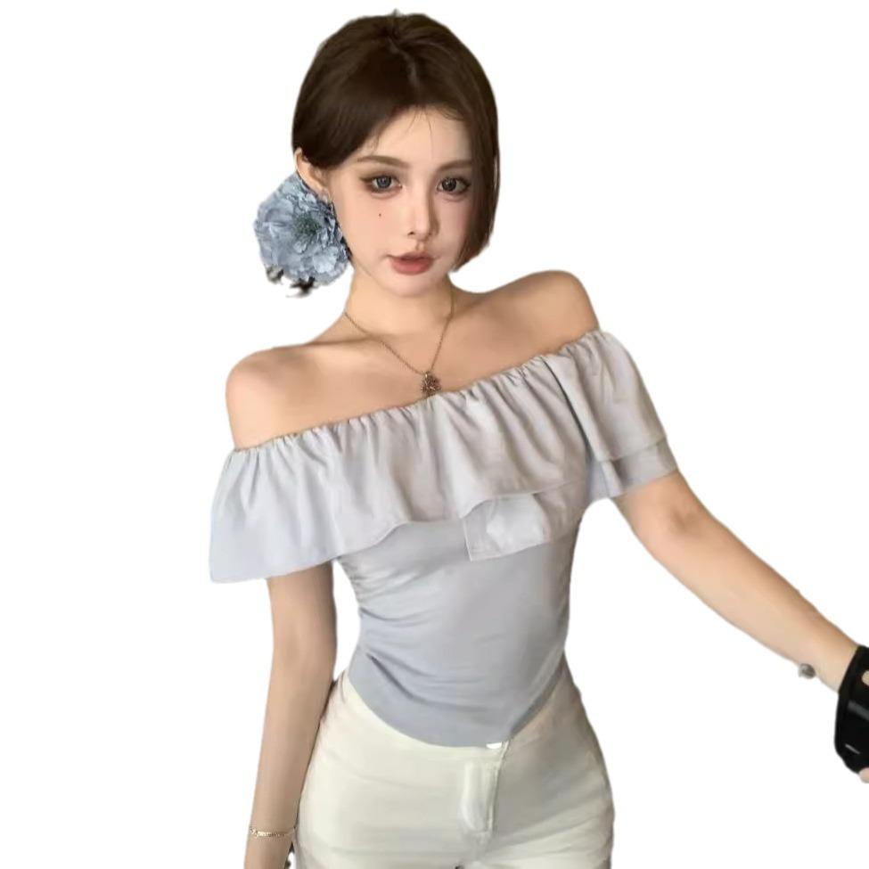 Pure Desire Ins One-word Shoulder Collar Sexy Spice Girl Off-the-shoulder Short-sleeved T-shirt Women's New Summer Korean Version Thin Top Women's Tre