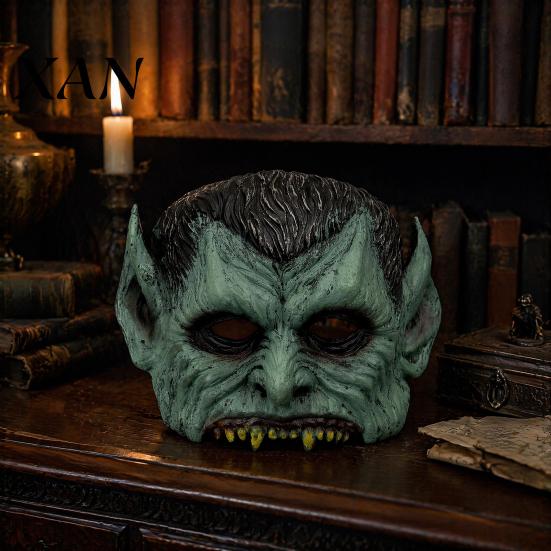 Gruseliges Halloween-Kostümzubehör Grüne Vampirmaske, Halbgesichtsmaske mit spitzen Ohren & scharfen Zähnen, Retro verwittert Party Leichtgewicht PU
