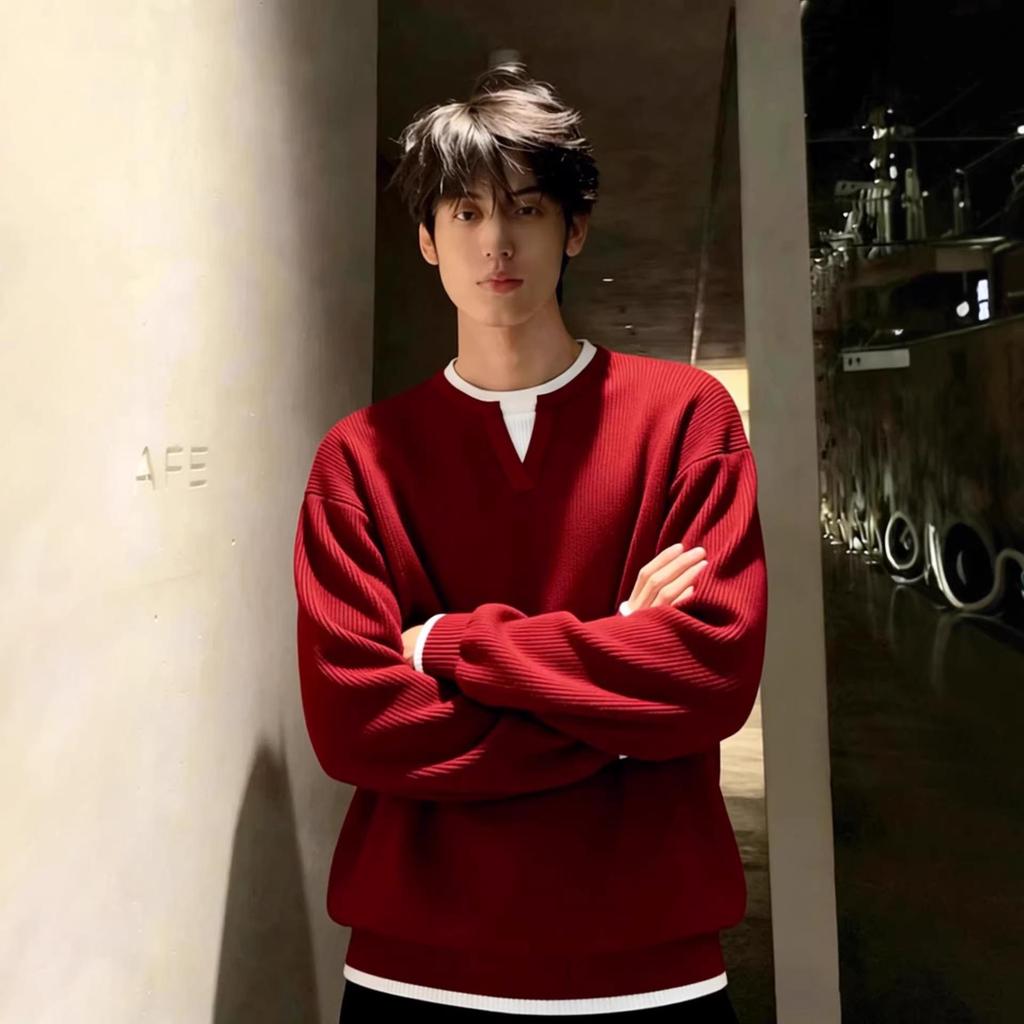 Men's Spring/Autumn 2025 Round Neck Double-Layer Knit Sweater Top