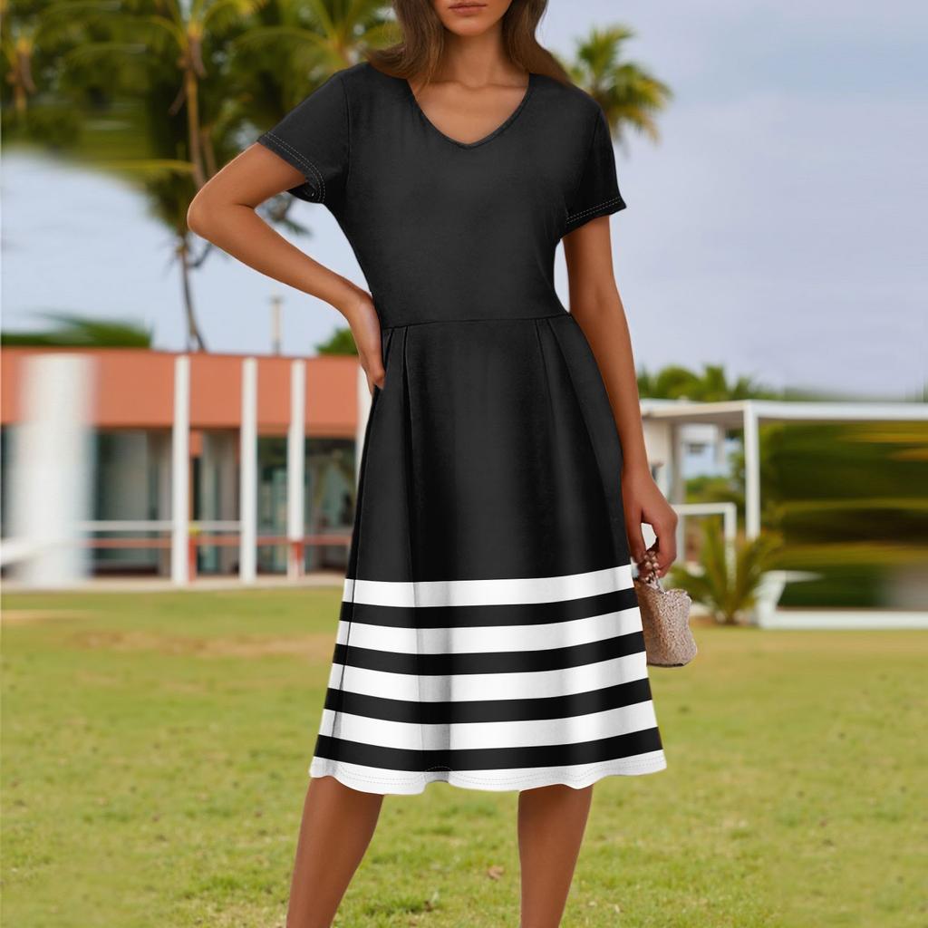 Women's Summer Fashion Casual Striped Printed V-Neck Short Sleeve Dress With Pockets