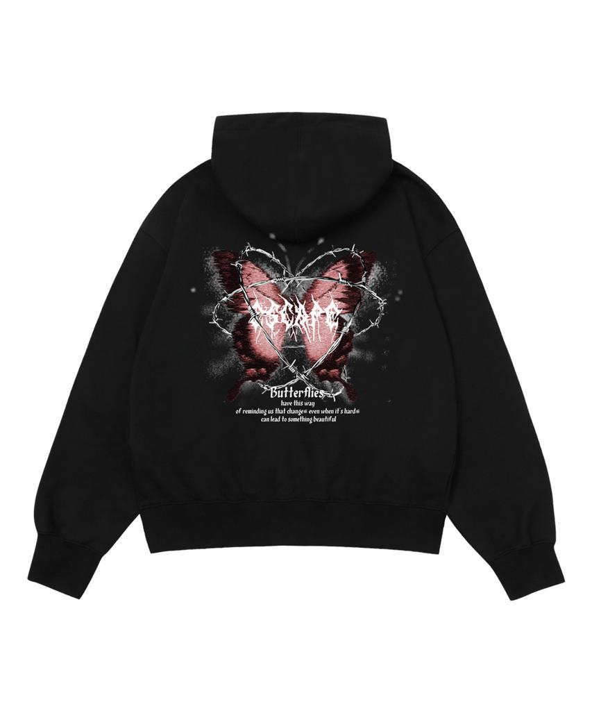 Escapefrom Thornbush Butterfly Print Two-Way Zip-Up Hoodie Black