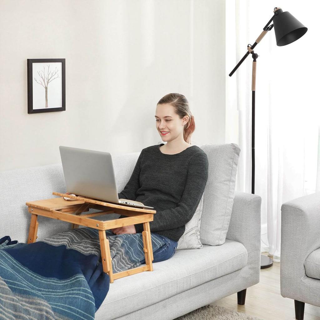 SONGMICS Bamboo Lap Desk, Laptop Table, Breakfast Tray with 5 Adjustable Tilting Angles, Small Drawer, Natural