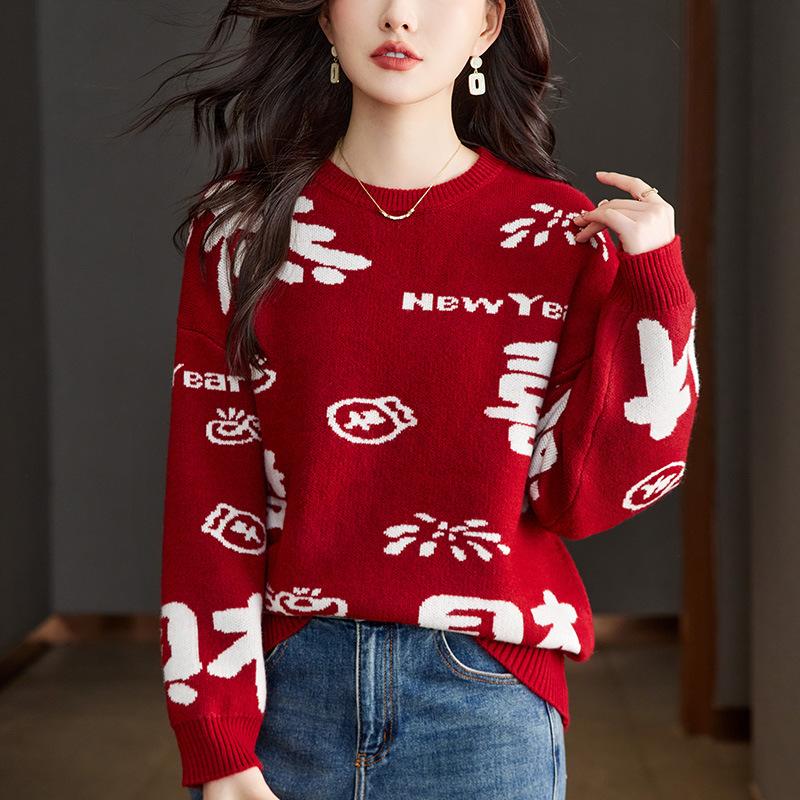 New Year Congratulations on Making A Fortune and Festive Sweater for Women In Winter Large Thick Warm Jacquard Knitted Base Shirt