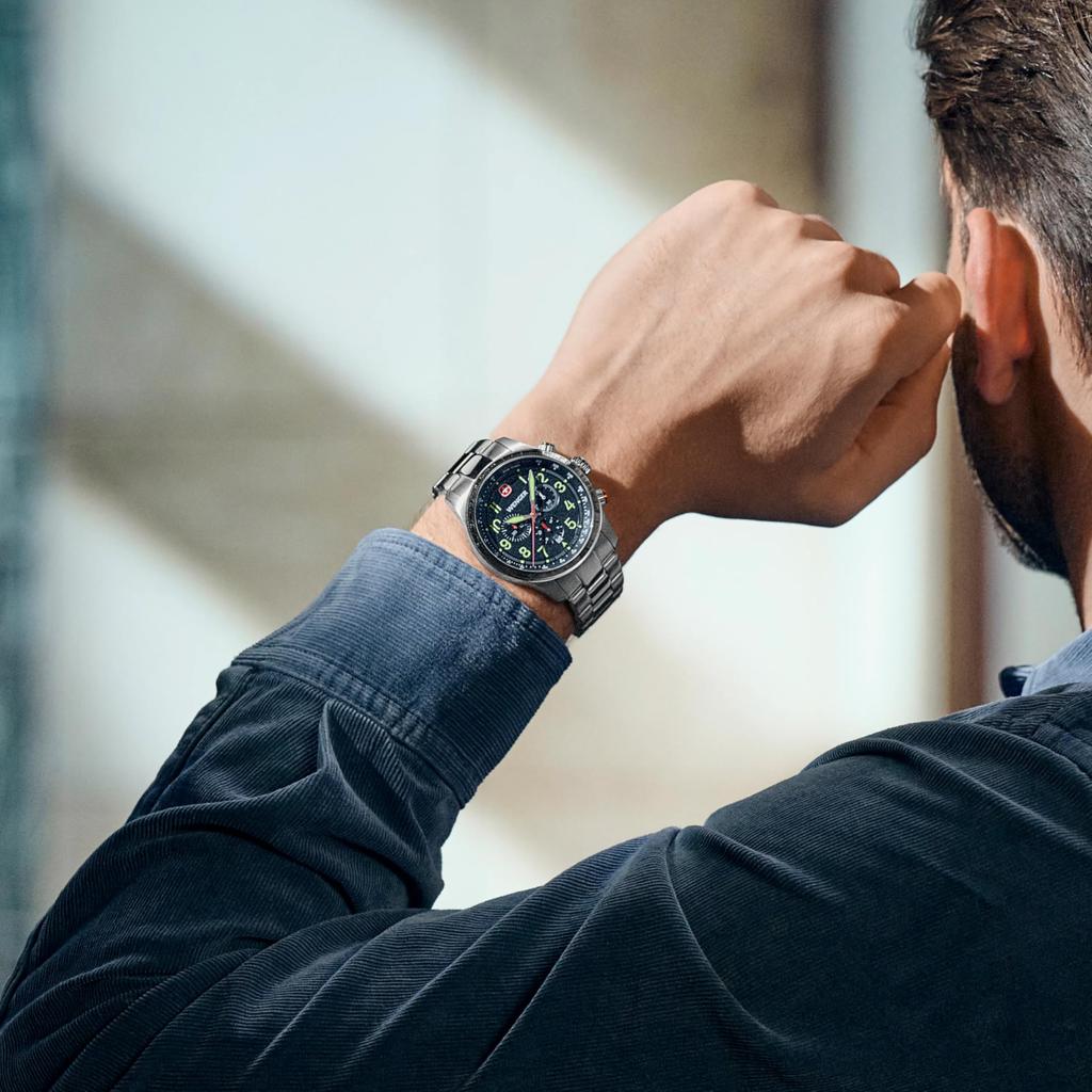 WENGER TERRAGRAPH CHRONO Chronograph Stainless Steel Case Blue Stainless Steel Quartz 100m Water Terragraph Men's Watch, (316L), Dial, Bracelet,