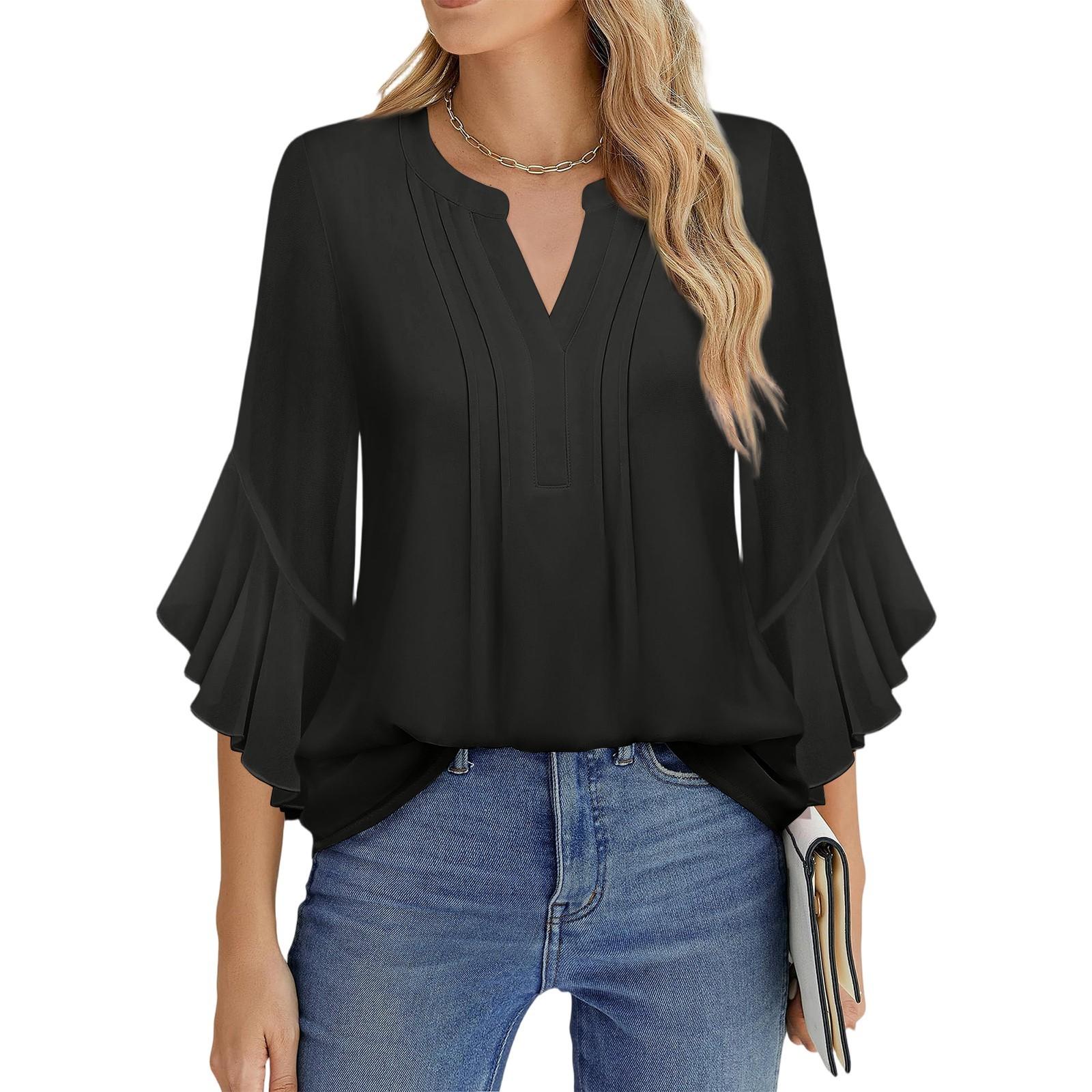 

Женская модная летняя свободная рубашка с V-образным вырезом и оборками, повседневный топ из семи рукавов L чёрный
