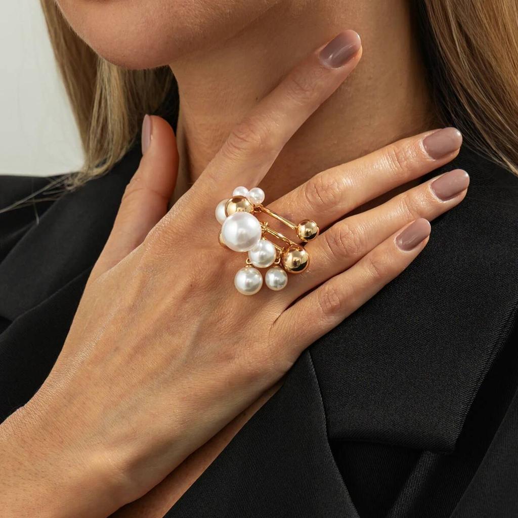 Salircon Trendy Charm Imitation Pearl Rings Women  New Exaggerated Gold Color Multilayer Beaded Finger Ring Party Jewelry